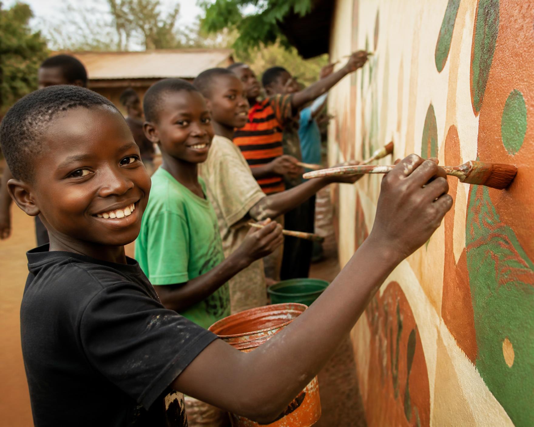 Children painting a mural on a wall
