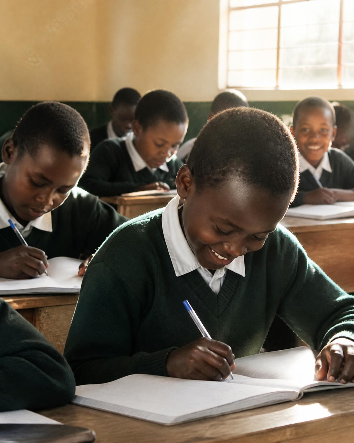 Children in school uniform writing in exercise books in a bright classroom