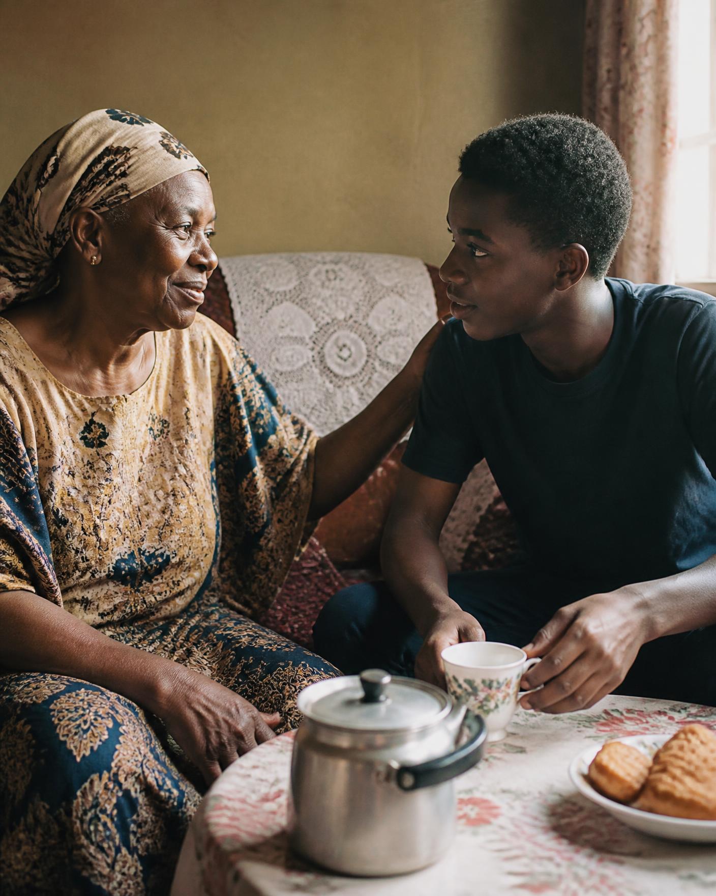 A grandmother and a teenager sharing tea at home
