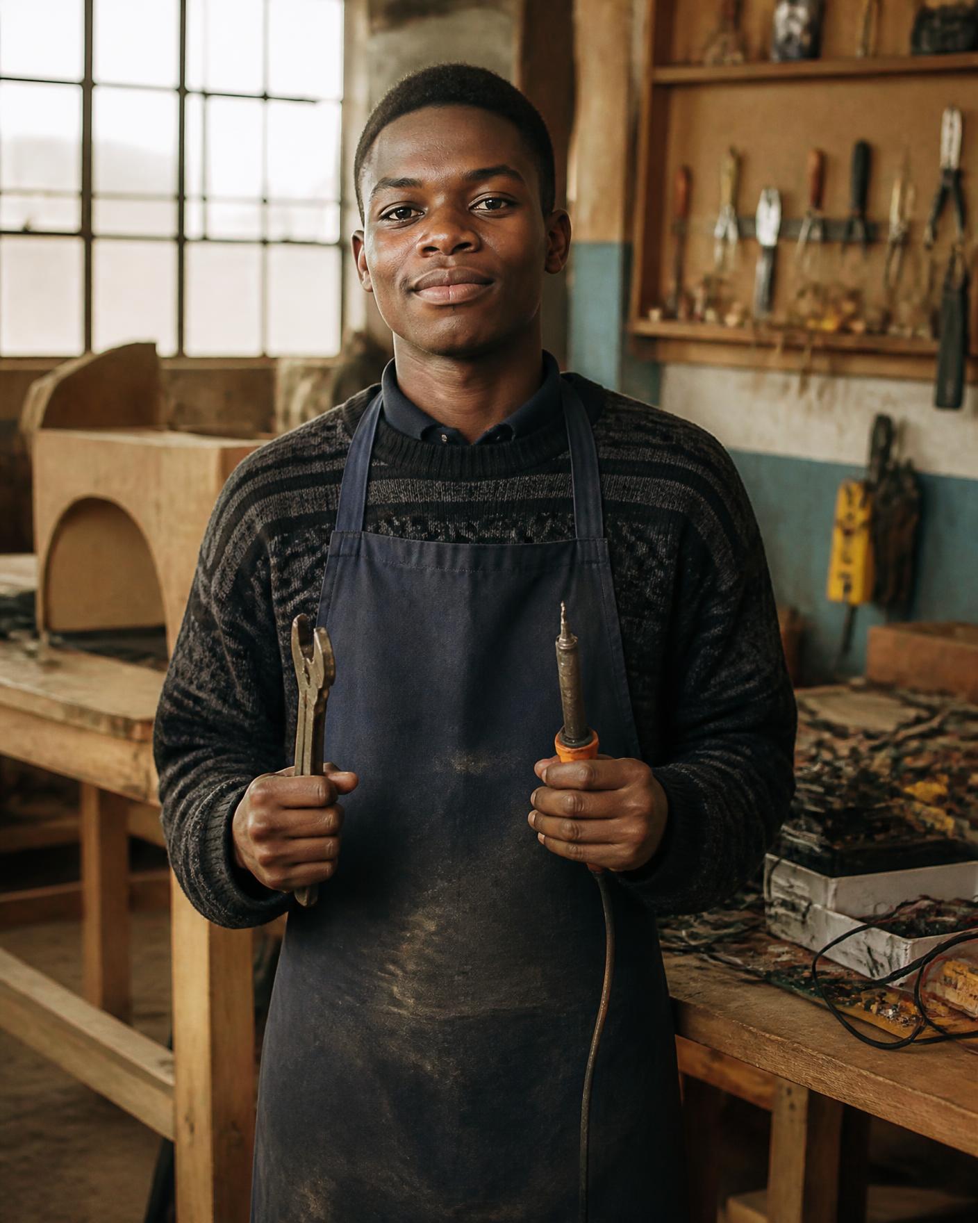 A young man in a training workshop holding tools