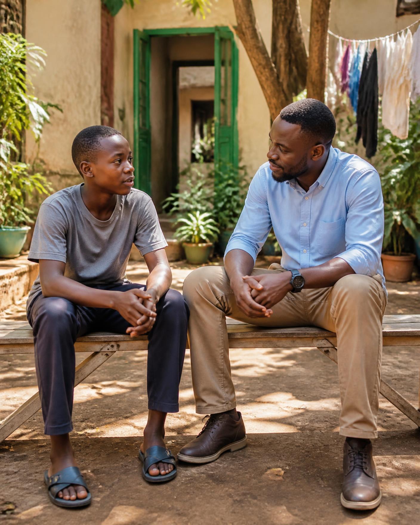 A mentor and a teenager talking on a bench in a sunlit courtyard